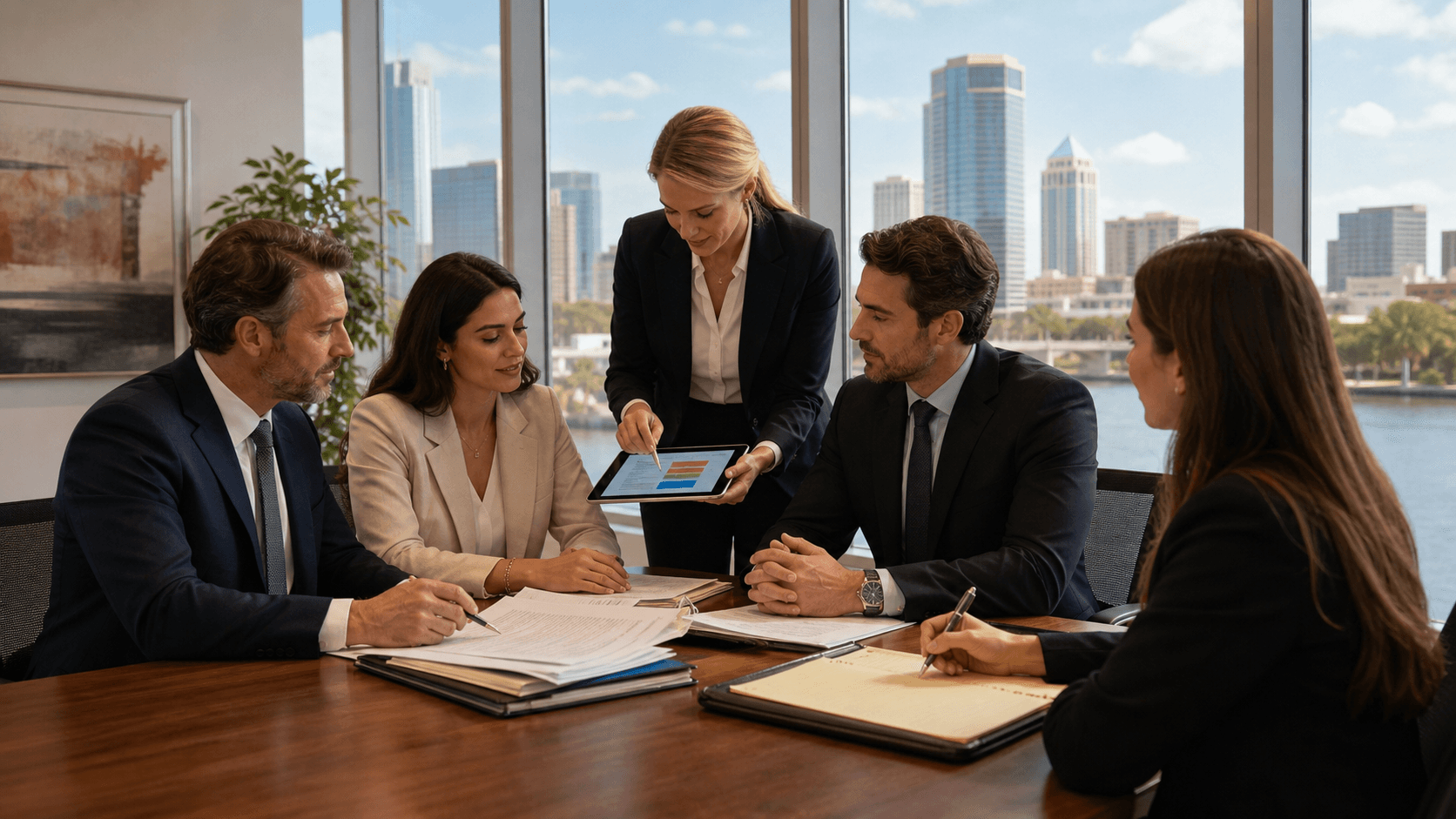 Gavel and scales on a wooden desk with scattered documents, warm office lighting, blurred city skyline in background.