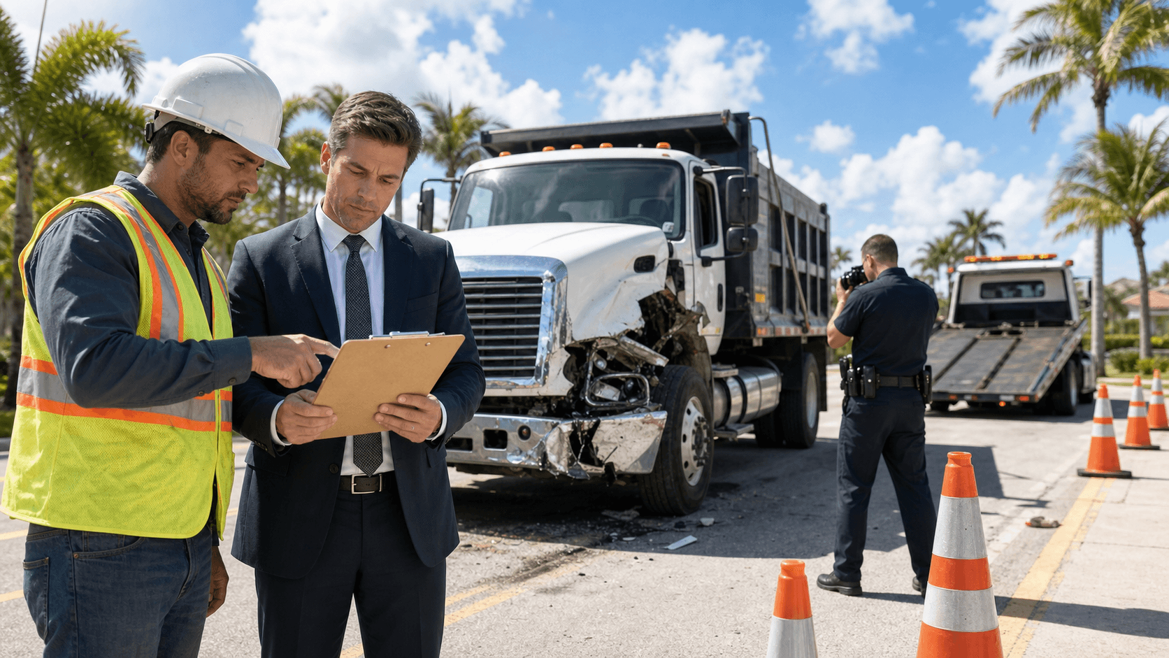 Construction truck crash scene with orange cones and flashing lights on a sunlit road, blue sky in background