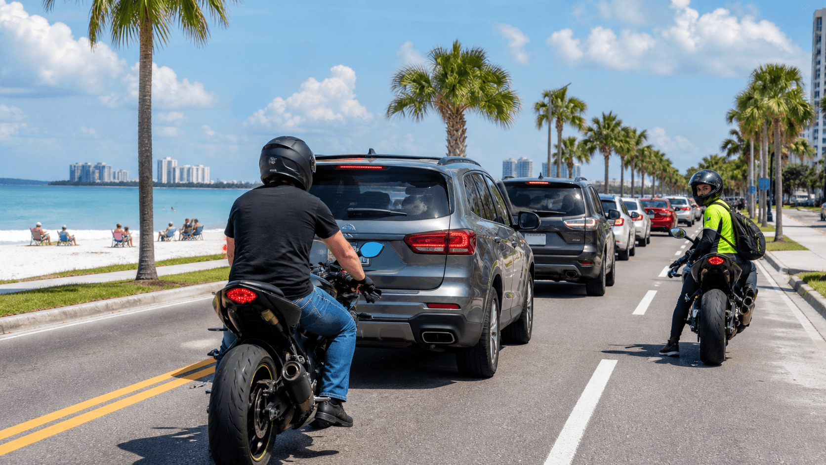 Motorcyclist rides along a sunlit coastal road with beach traffic, palm trees, and blue sky.