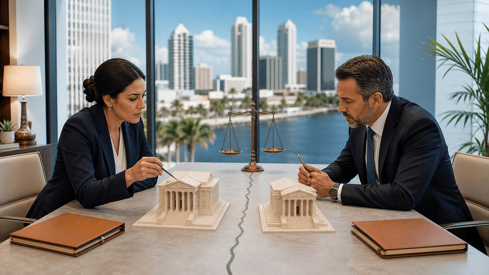 Split city and county courthouse scenes with scales of justice, blue-and-gold lighting, and Florida map backdrop.